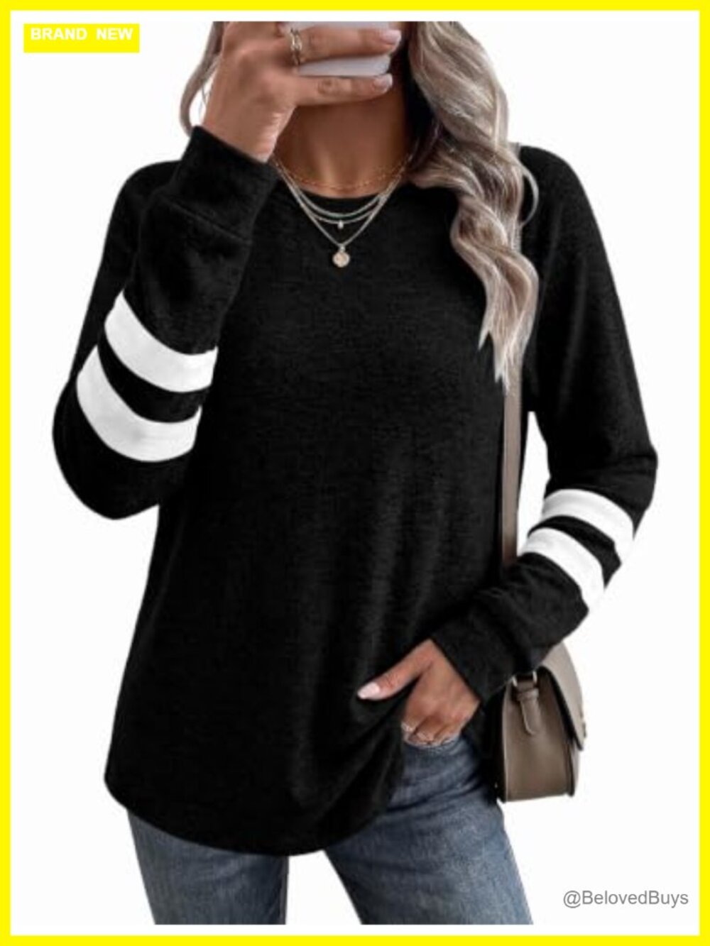 Crewneck Color Block Striped Sweatshirt Loose Fit Tunic Top